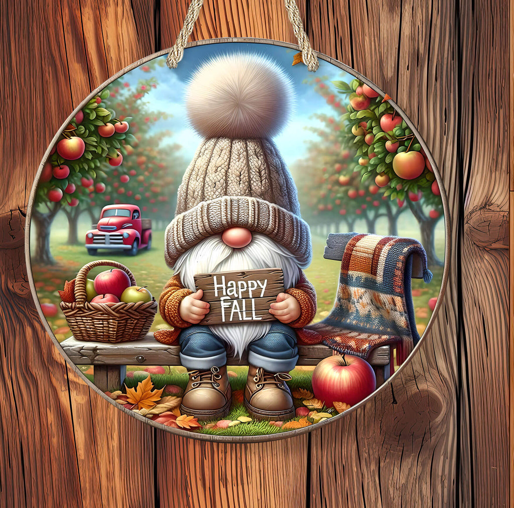 Decorative sign with a gnome holding a 'Happy Fall' sign, surrounded by autumn elements.