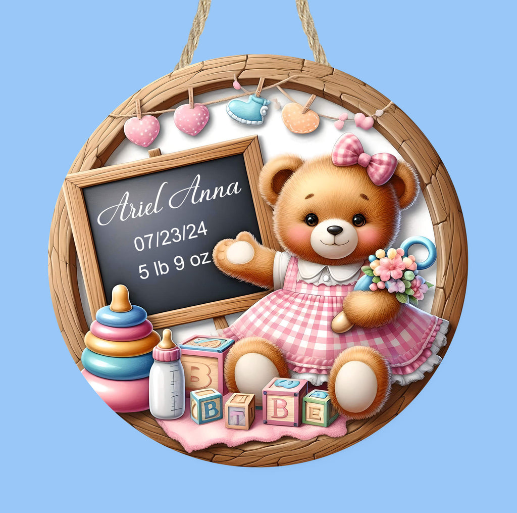 personalized baby girl birth announcement sign featuring a cute teddy bear in a pink gingham dress, a chalkboard with custom birth details, and pastel baby-themed decorations. perfect for nursery decor, baby shower gifts, or newborn keepsakes - Personalized Kreation