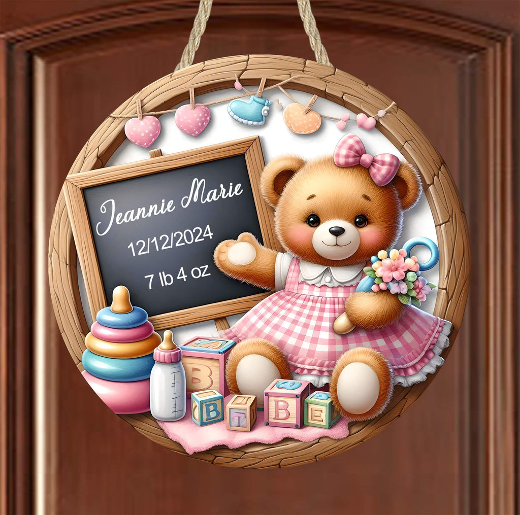 personalized baby girl birth announcement sign featuring a cute teddy bear in a pink gingham dress, a chalkboard with custom birth details, and pastel baby-themed decorations. perfect for nursery decor, baby shower gifts, or newborn keepsakes - Personalized Kreation