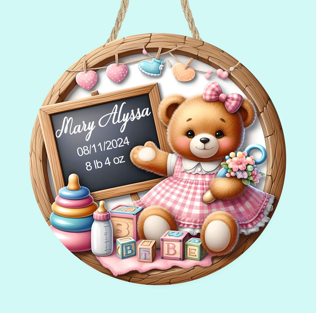 personalized baby girl birth announcement sign featuring a cute teddy bear in a pink gingham dress, a chalkboard with custom birth details, and pastel baby-themed decorations. perfect for nursery decor, baby shower gifts, or newborn keepsakes - Personalized Kreation