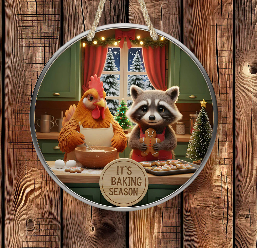 Decorative ornament with a chicken and raccoon baking cookies in a kitchen setting.