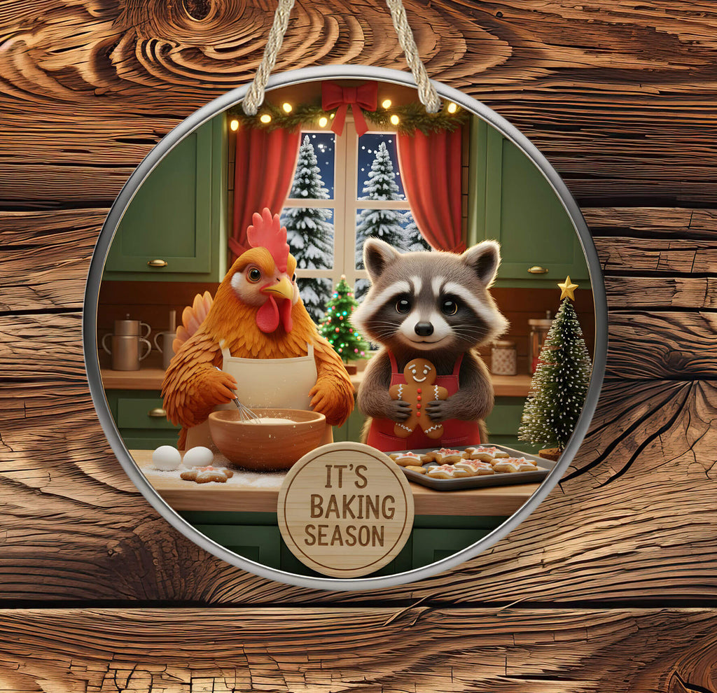 Decorative ornament with a chicken and raccoon baking cookies in a festive kitchen.