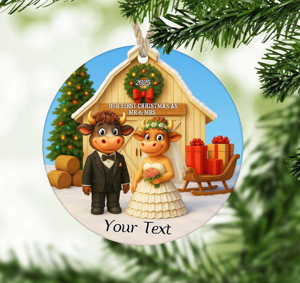 Personalized First Christmas as Mr & Mrs Ornament 2025 – Cute Cow Wedding Ornament - Personalized Kreation