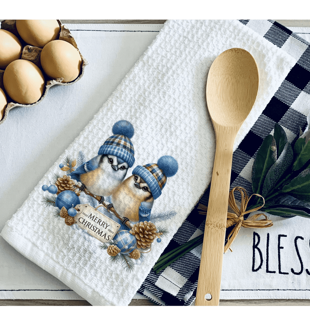 Christmas Blue Bird Kitchen Towel | Holiday Blue Jay Dishcloth| Holiday Gift