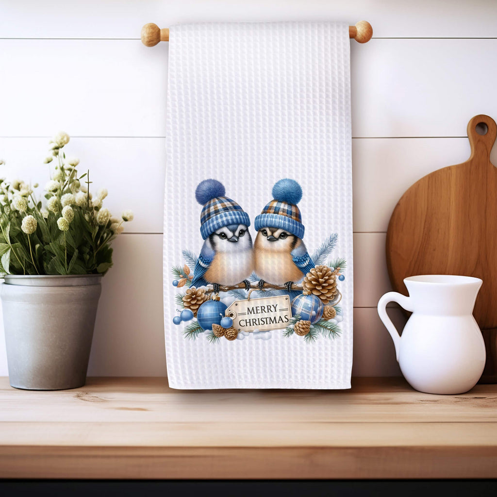 Christmas Blue Bird Kitchen Towel | Holiday Blue Jay Dishcloth| Holiday Gift