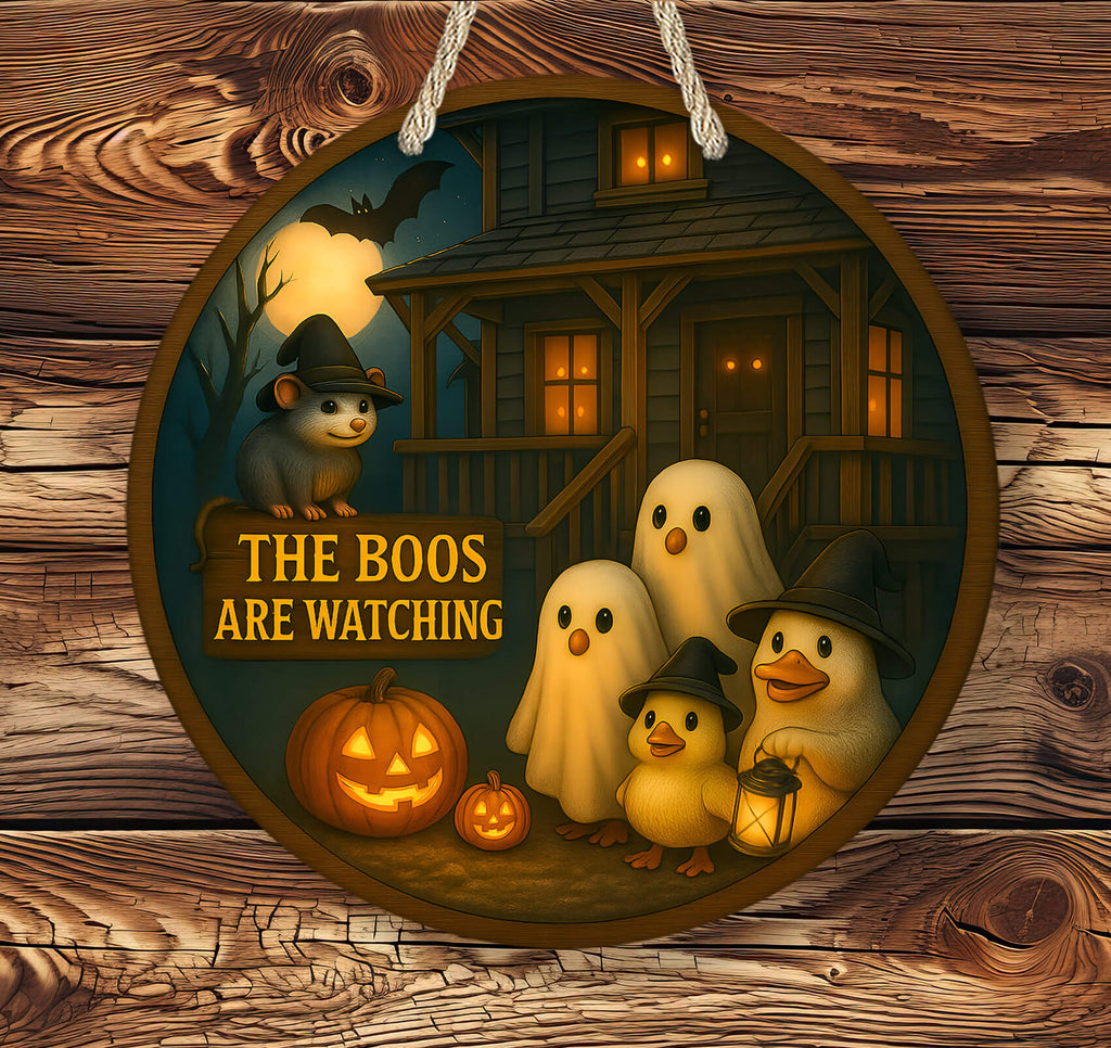 Halloween-themed illustration with ghosts, pumpkins, and a bat on a wooden background.