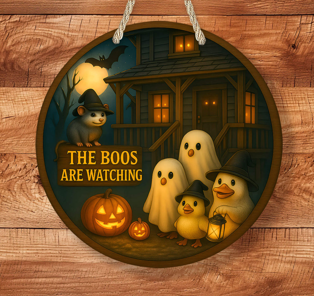 Halloween-themed decorative sign with cartoon characters and text on a wooden background