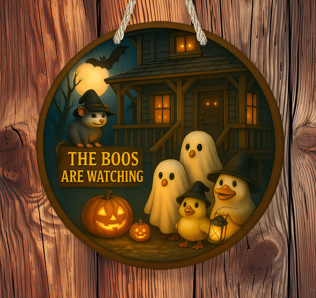 Halloween-themed decorative sign with cartoon characters and text 'The Boos Are Watching' on a wooden background.