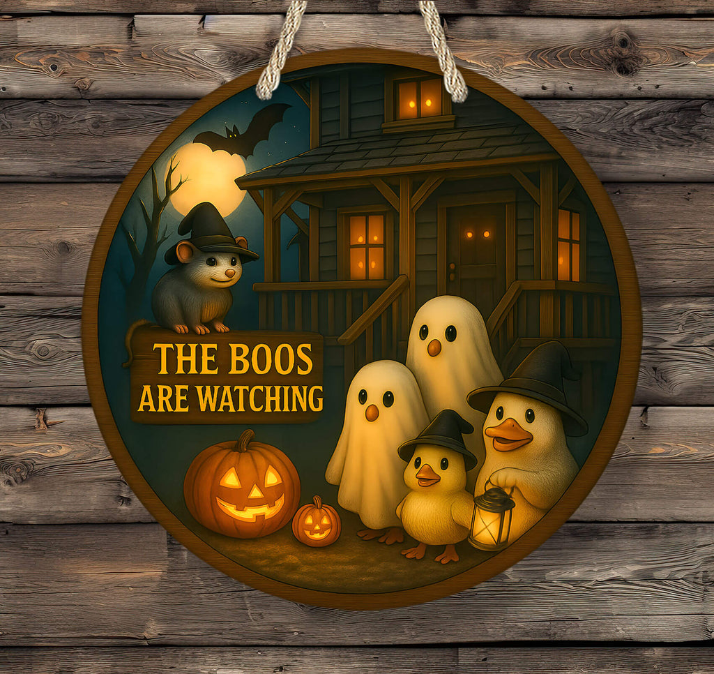 Halloween-themed decorative sign with cartoon characters and text 'The Boos Are Watching' on a wooden background.
