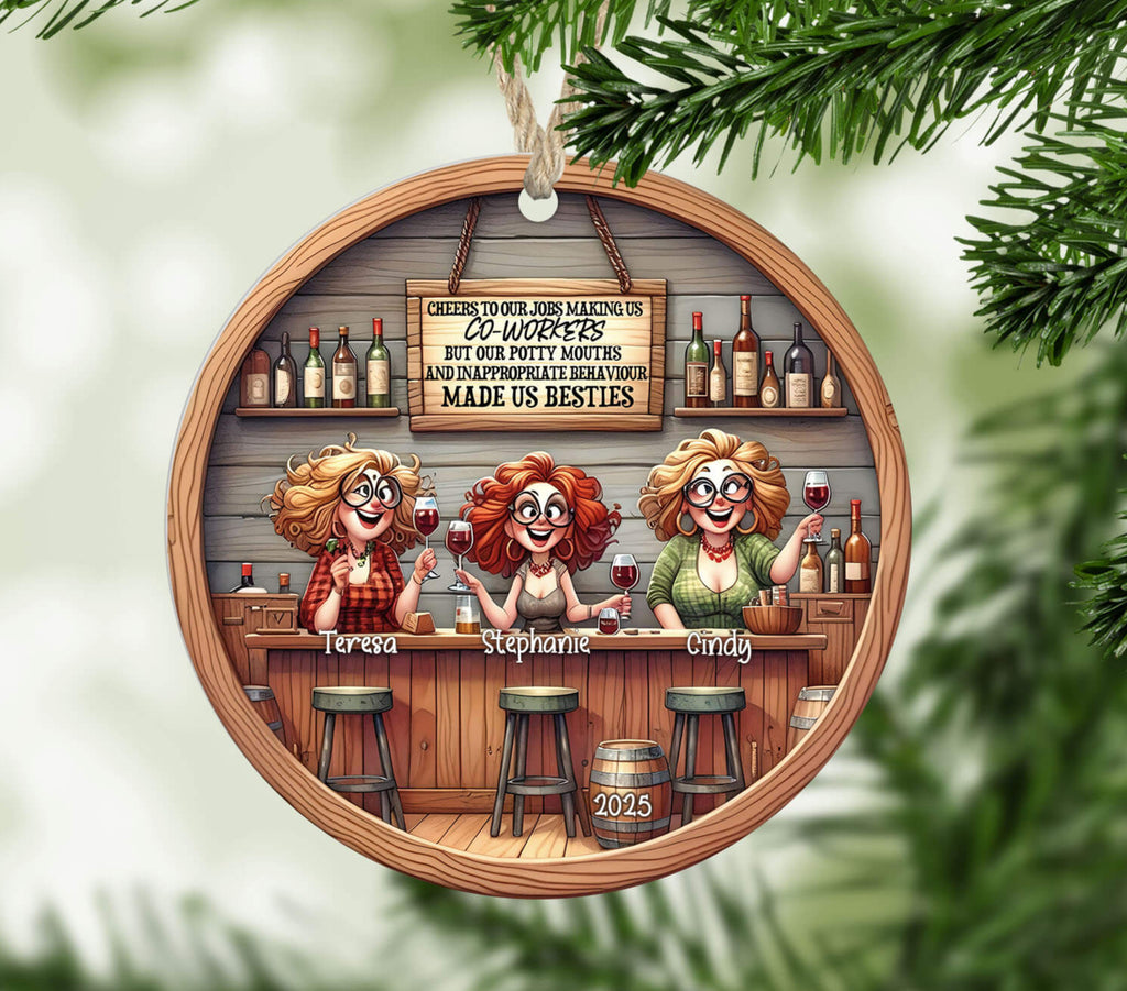 Circular wooden ornament with cartoon characters at a bar, surrounded by Christmas tree branches.