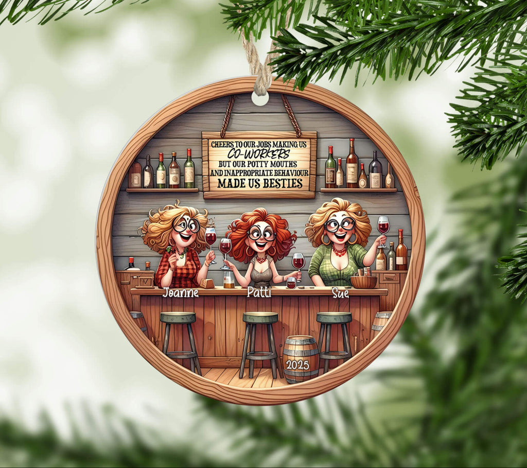 Decorative Christmas ornament with cartoon characters at a bar, surrounded by greenery.