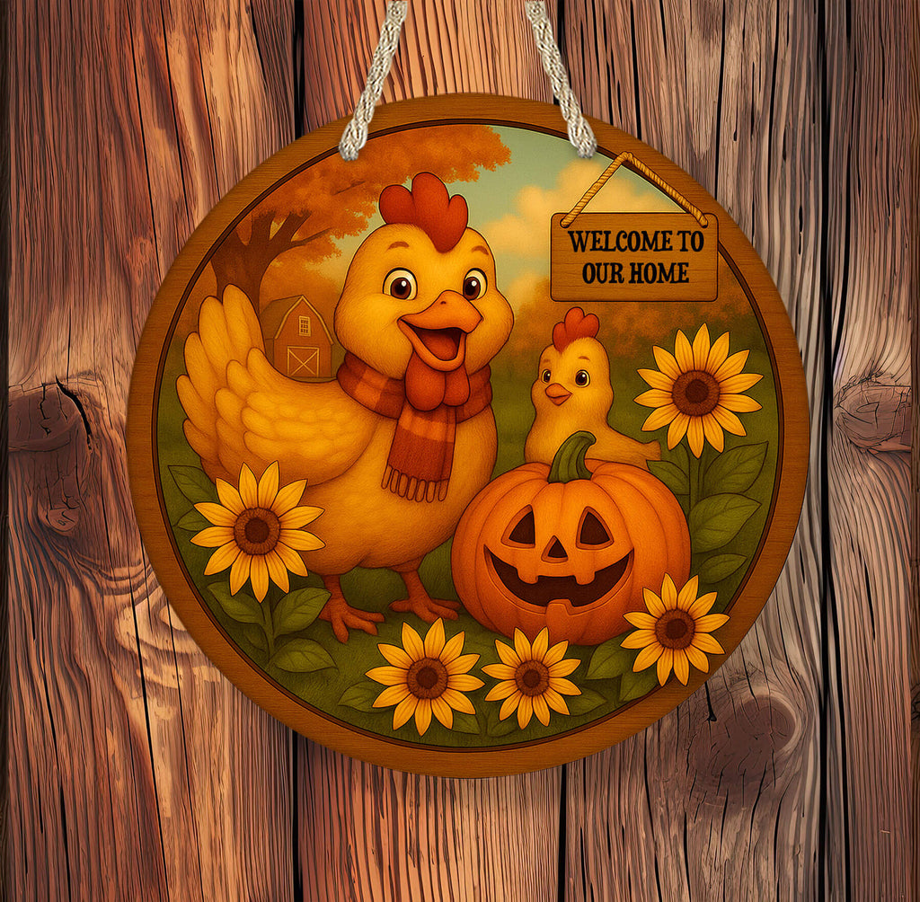 Welcome Fall Chicken Sign - Rustic Porch Decor - Personalized Autumn Sunflower - Personalized Kreation