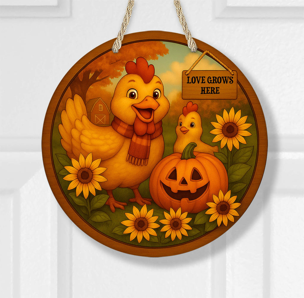 Welcome Fall Chicken Sign - Rustic Porch Decor - Personalized Autumn Sunflower - Personalized Kreation
