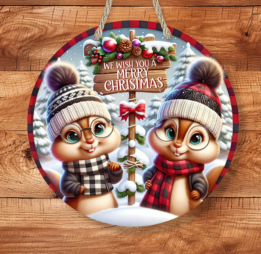 Personalized Chipmunk Christmas Sign | Cute Woodland Holiday Door Hanger | Rustic Winter Farmhouse Decor - Personalized Kreation