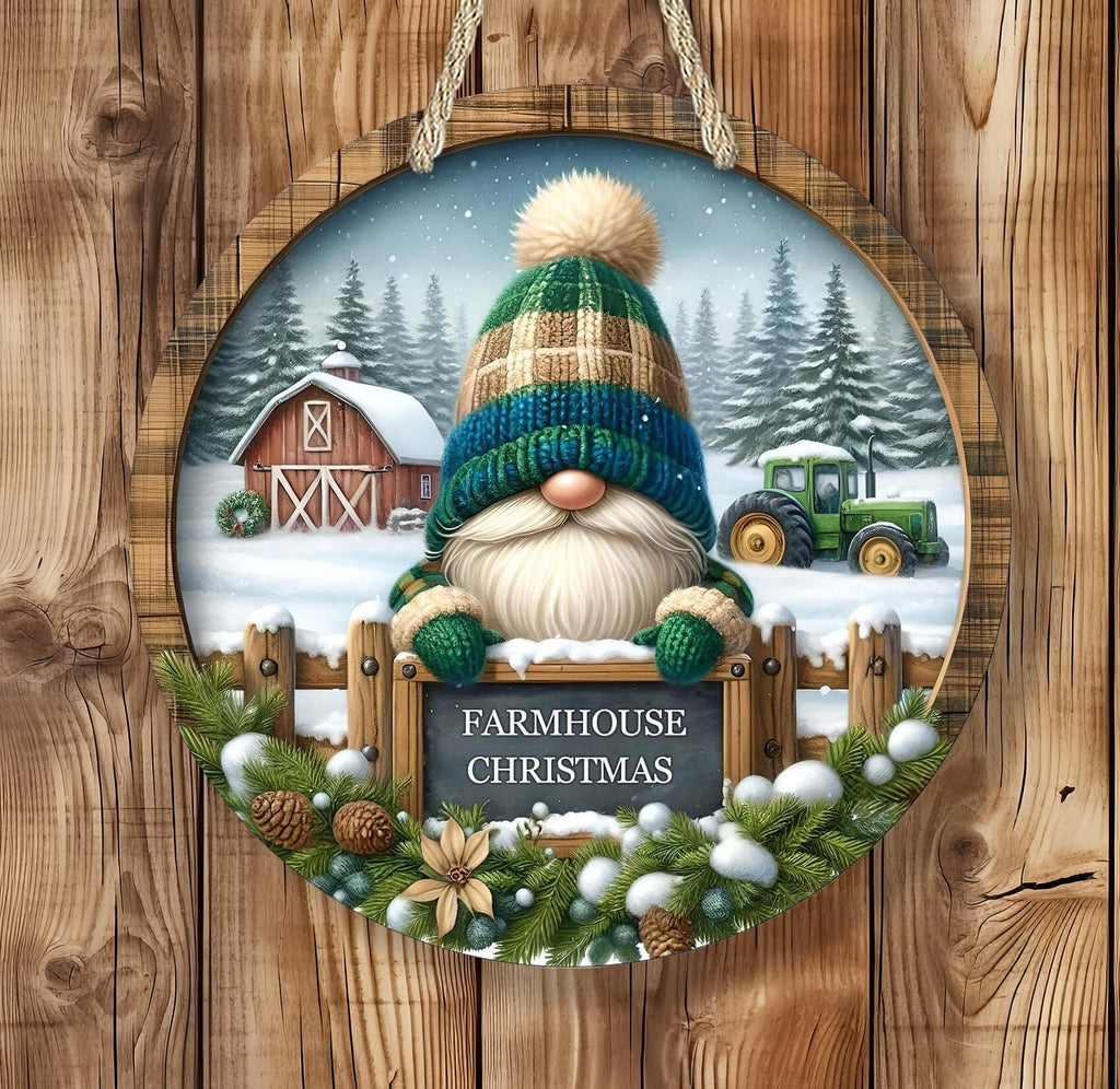 Decorative sign with a gnome, barn, and tractor in a snowy landscape on a wooden background.