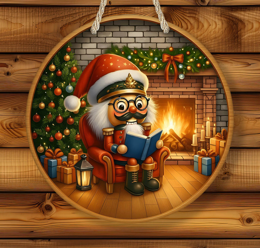 Cartoon Nutcracker reading a book by a fireplace with Christmas decorations.
