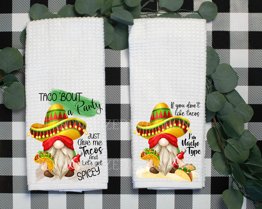 taco kitchen towel set of 2 gnome wearing sombrero holds taco colorful vibrant made of microfiber waffle weave pattern sixteen by twenty four inches image printed on both ends of towels