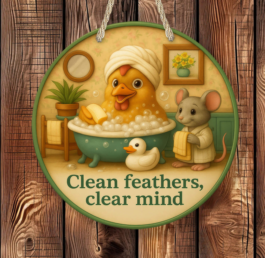 Decorative sign with a cartoon duck in a bath and mouse, featuring the text 'Clean feathers, clear mind' on a wooden background.