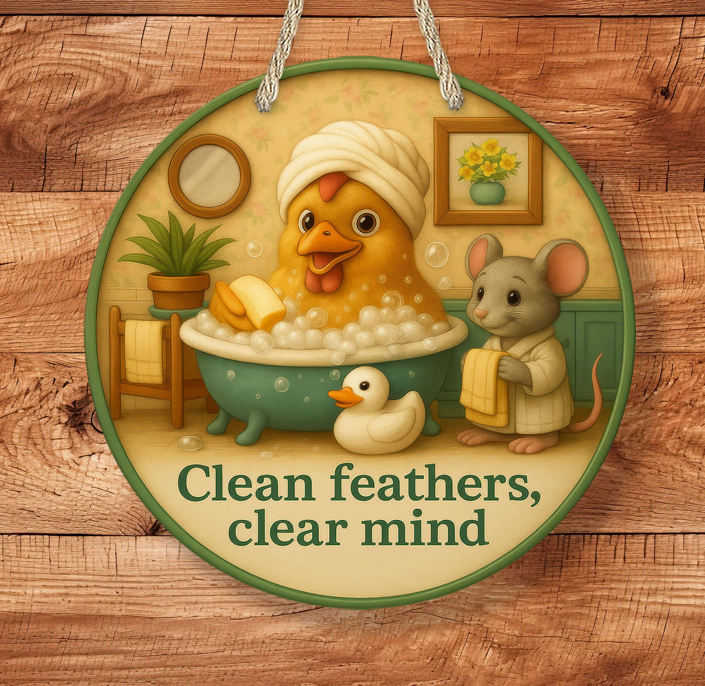 Decorative sign with cartoon duck and mouse in a bathroom setting on a wooden background.