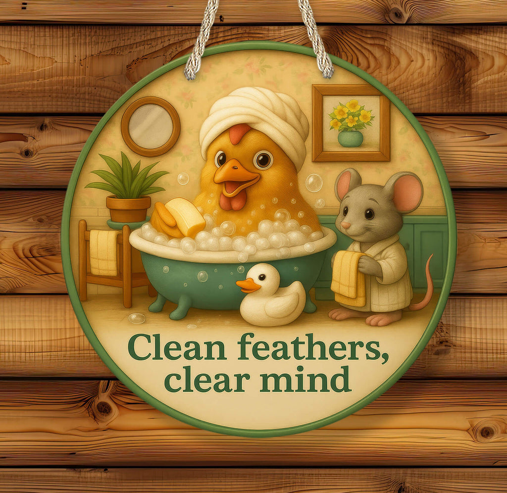 Illustration of a duck in a bath with a mouse and a rubber duck, with text 'Clean feathers, clear mind' on a wooden background.