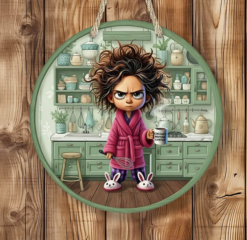 Circular illustration of a character in a kitchen with wooden background