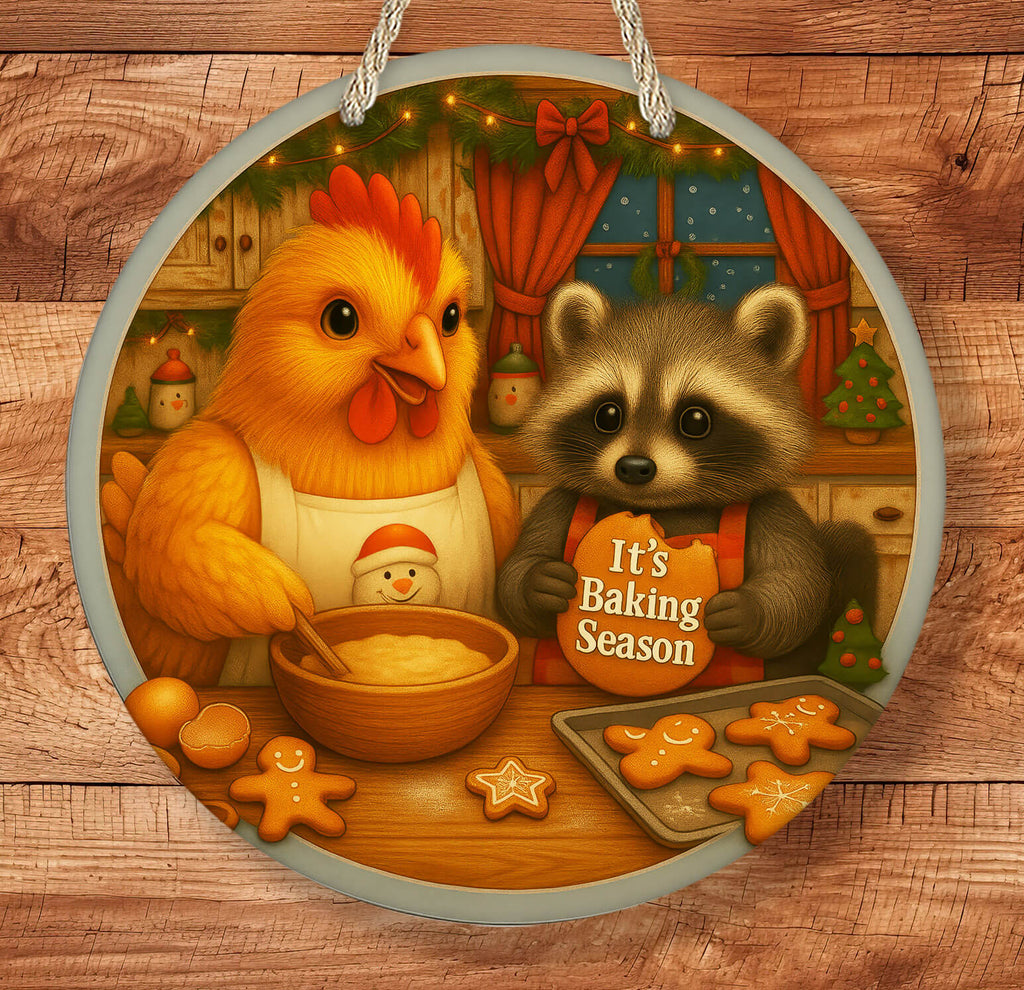 Decorative sign with a chicken and raccoon baking cookies in a festive kitchen.