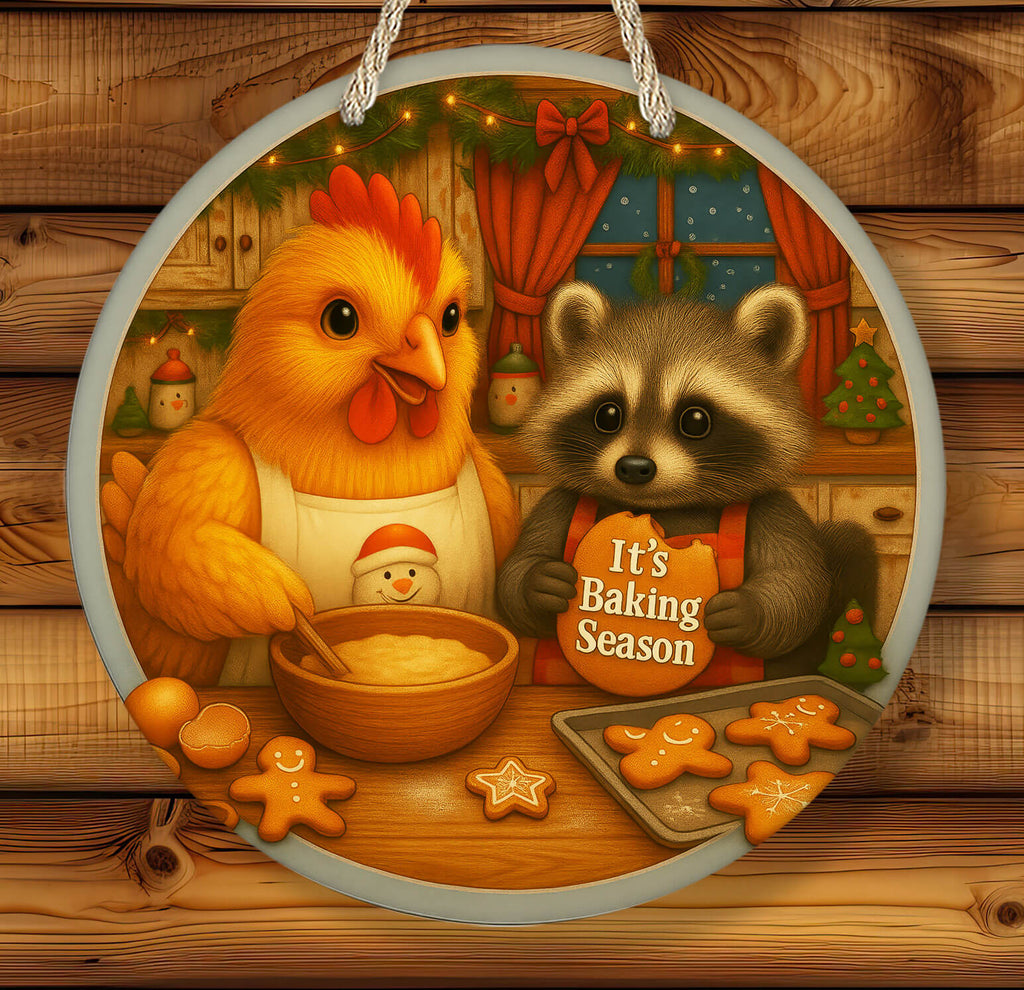Illustration of a chicken and a raccoon baking together with text 'It's Baking Season' on a wooden background.
