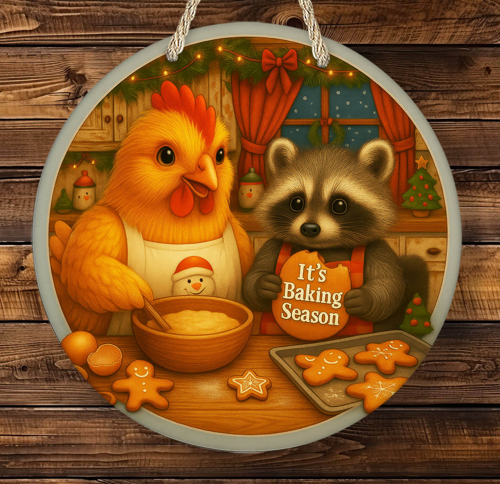 Decorative plate with a chicken and raccoon baking cookies, text 'It's Baking Season', on a wooden background.