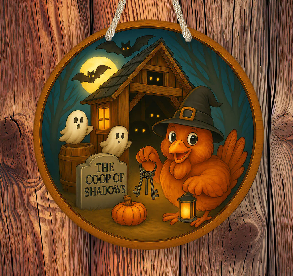 Halloween-themed illustration of a chicken in a witch hat with ghosts and a haunted coop.