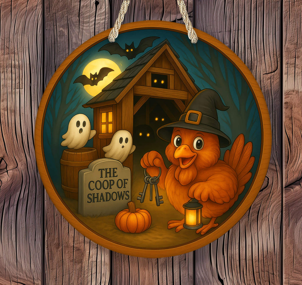 Halloween-themed illustration of a chicken in a witch hat with ghosts and a haunted house.