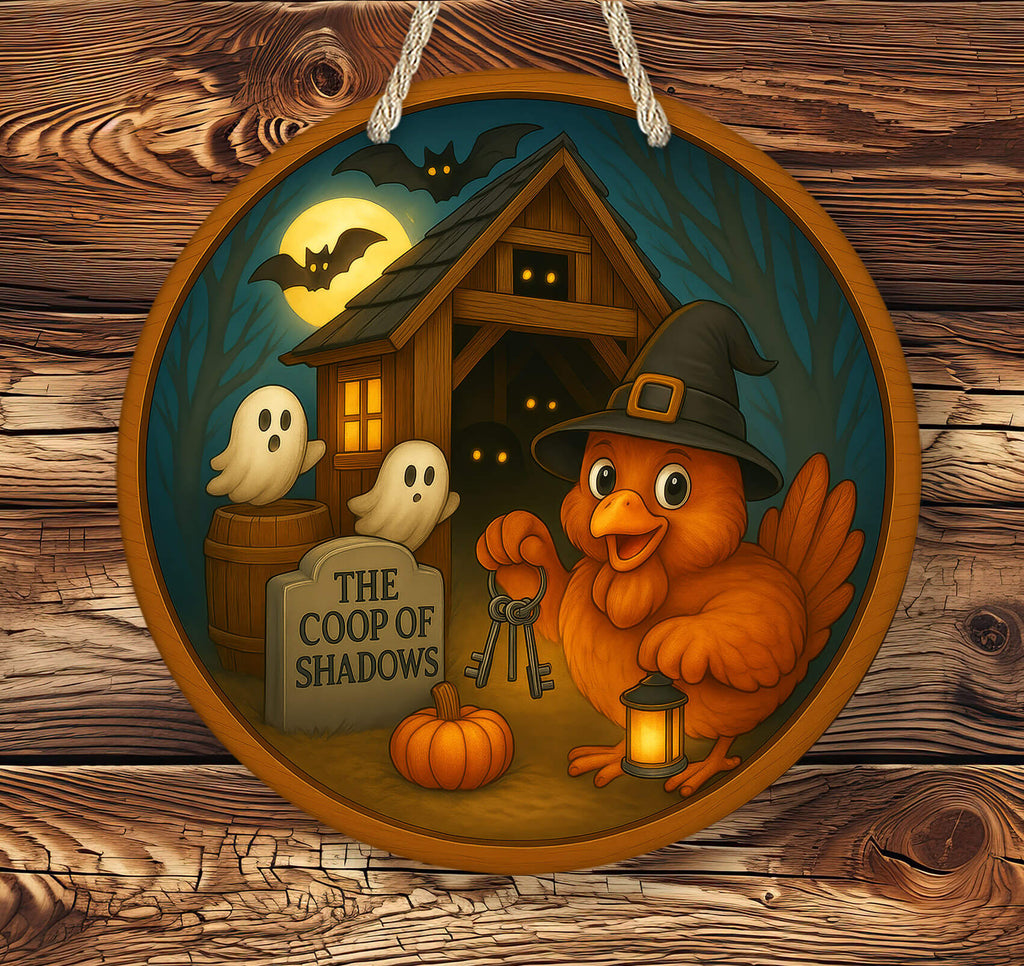 Halloween-themed illustration with a chicken in a witch hat, ghosts, and a haunted house on a wooden background.