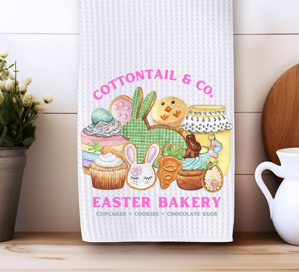 Easter Kitchen Towel - Cottontail Bakery Tea Towel - Spring Decor with Bunny and Bakery - Farmhouse Easter Gift - Cute Cupcake Dish Towel - Personalized Kreation