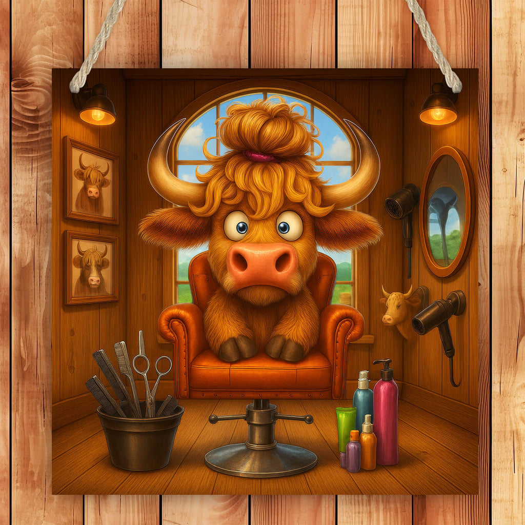 Cartoon bull in a barber shop with various grooming items on a wooden background