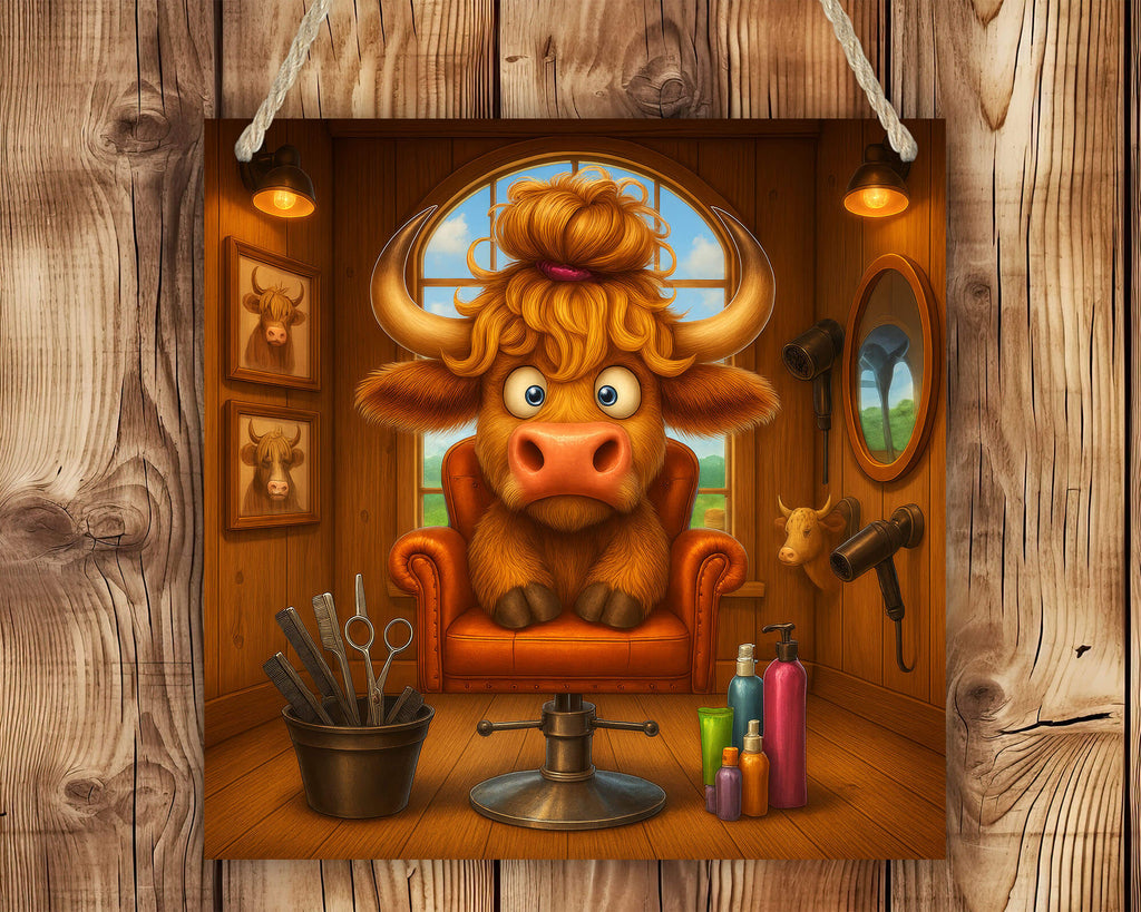 Cartoon bull in a salon setting with mirrors and grooming tools on a wooden background