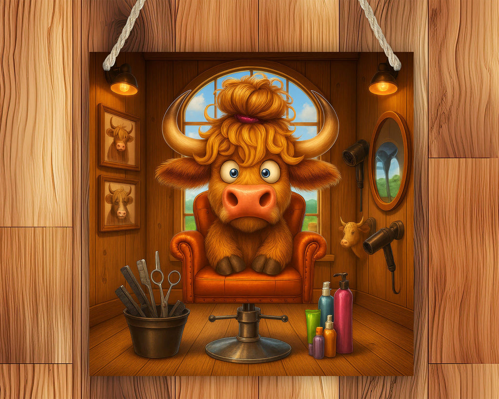 Cartoon bull in a barber shop with various grooming items on a wooden background