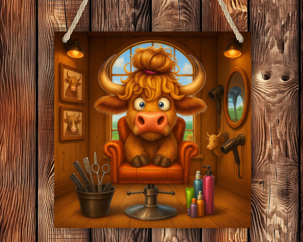 Cartoon bull in a barber shop with grooming tools on a wooden background
