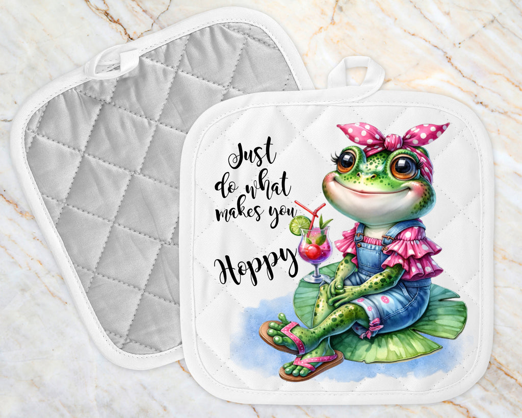 Heat resistant frog potholder with image of frog sitting on a lily pad drink in hand reads just do what makes you hoppy machine wash tumble dry image dyed into the fibers of fabric machine wash tumble dry | Personalized Kreation