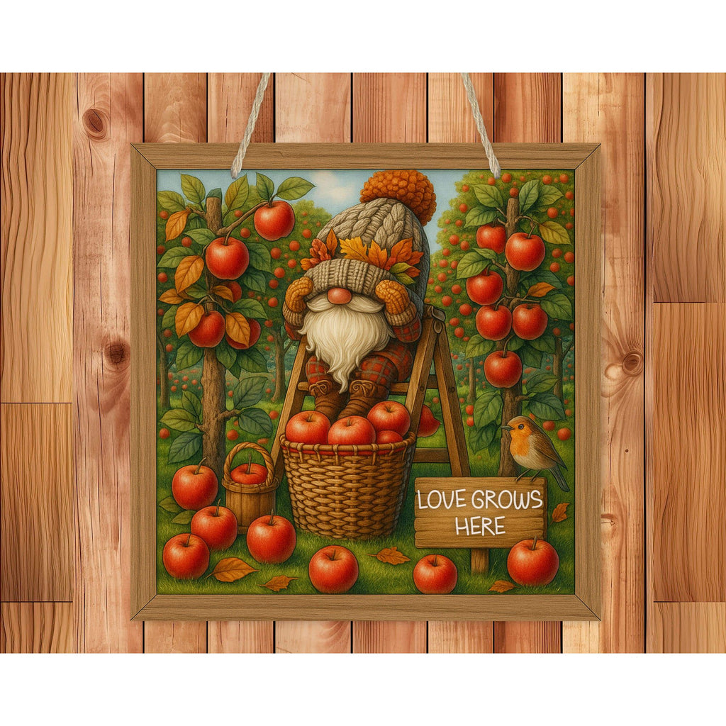 Fall gnome sign with apple basket and autumn trees – rustic hanging decor with ‘It’s Apple Season’ text, perfect for farmhouse kitchen or porch