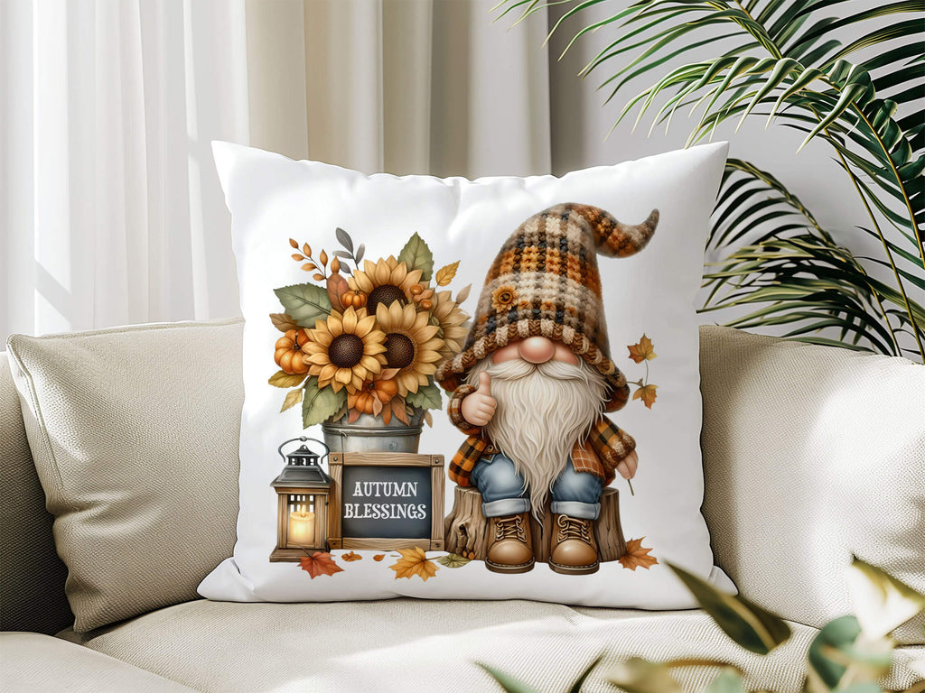 Fall pillow with gnome in plaid hat, sunflowers, pumpkins, rustic lantern, and 'Happy Fall Y’all' chalkboard sign on cream linen fabric
