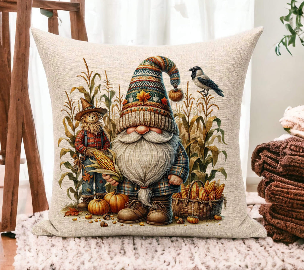 Decorative pillow with a gnome and autumn-themed design on a wooden floor.