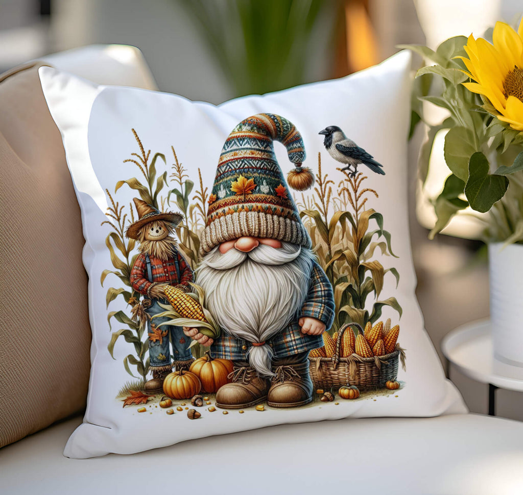 Decorative pillow with a gnome and autumn-themed design on a couch, next to a sunflower in a pot.