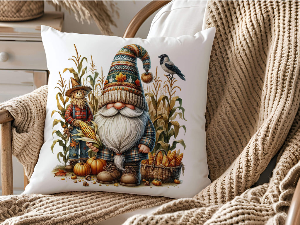 Decorative pillow with a gnome illustration on a cozy chair with a blanket.