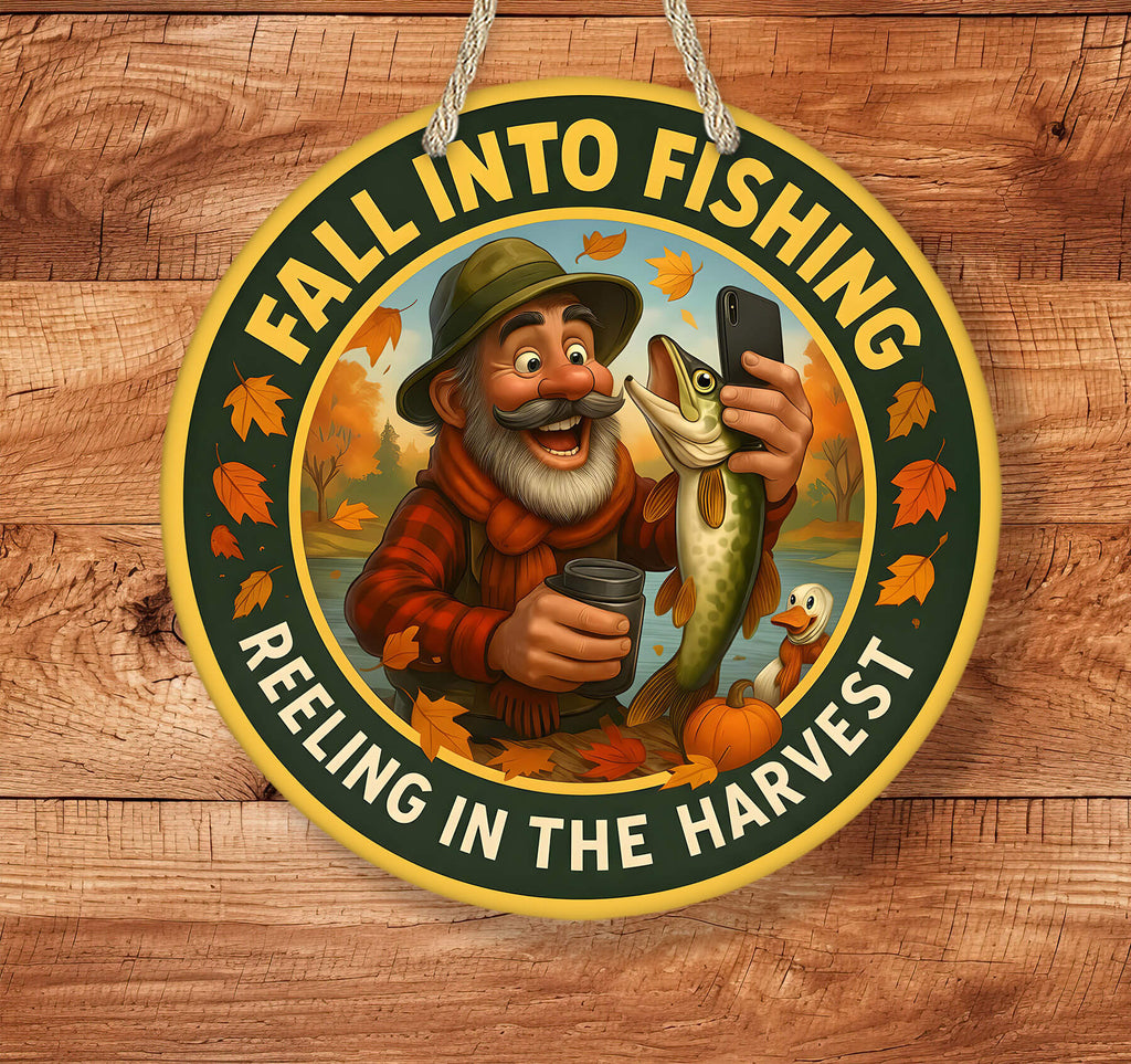 Circular sign with a fisherman holding a fish and a smartphone, surrounded by autumn leaves on a wooden background.