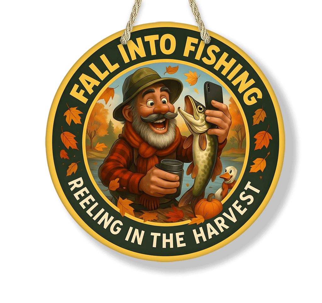 Circular design with a fisherman holding a fish and a cup, surrounded by autumn leaves and text 'Fall into Fishing, Reeling in the Harvest'.
