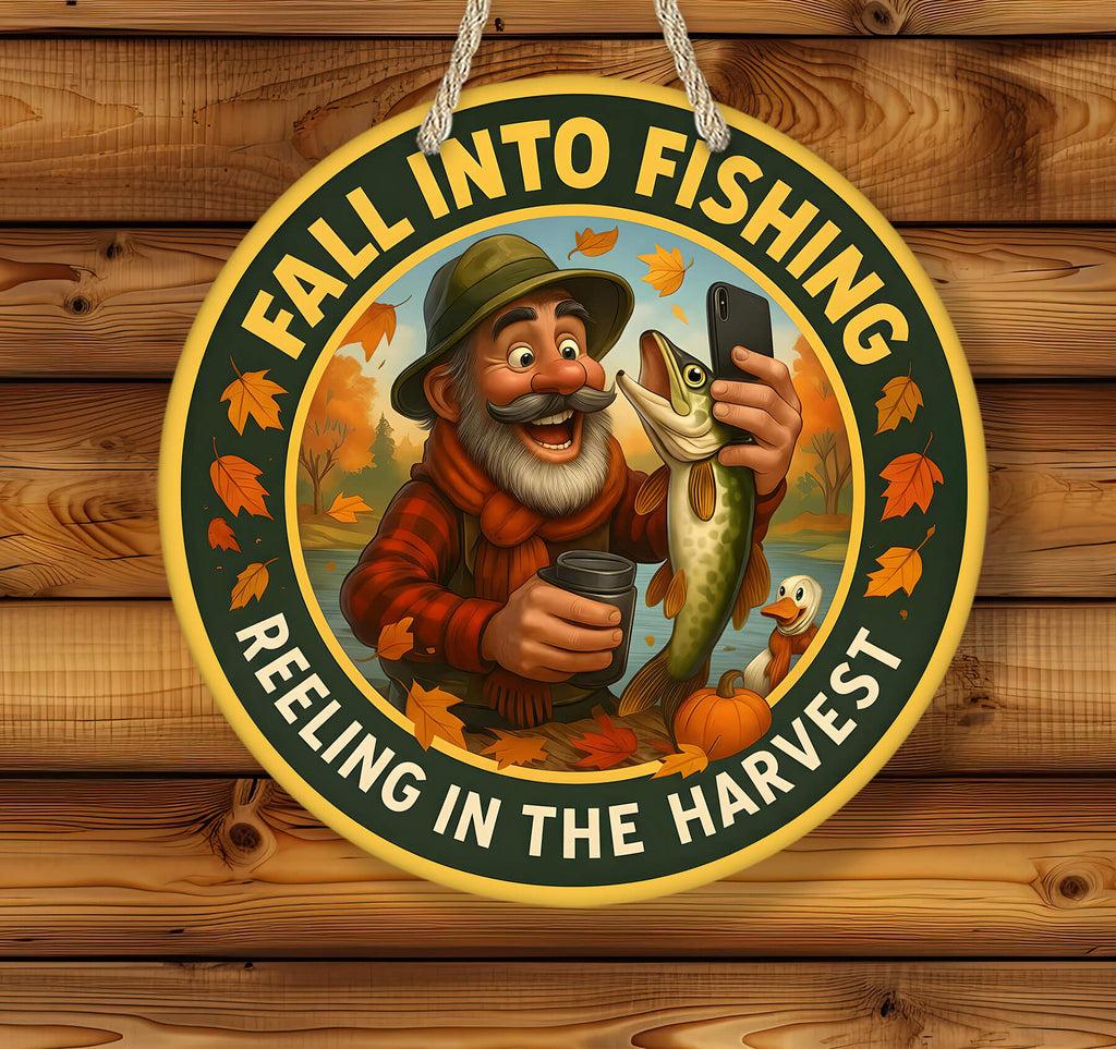 Circular sign with a fisherman holding a fish and a smartphone, surrounded by autumn leaves and text on a wooden background.
