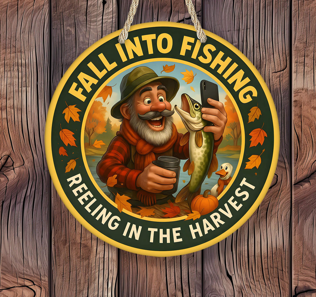 Circular sign with a fisherman holding a fish and a smartphone, surrounded by autumn leaves and text on a wooden background.