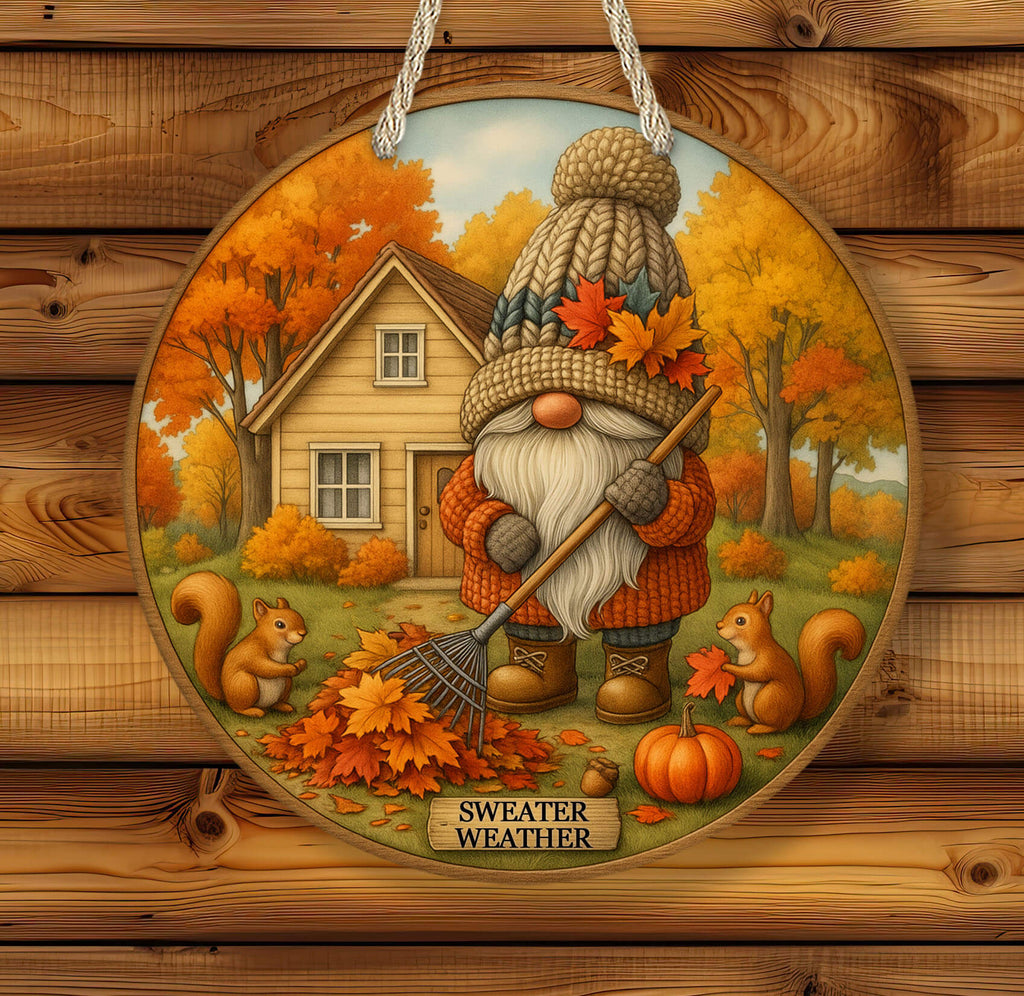 Round 14"Fall sign with cozy gnome raking leaves, two squirrels, pumpkins, and a TAN cottage, labeled Cozy Fall