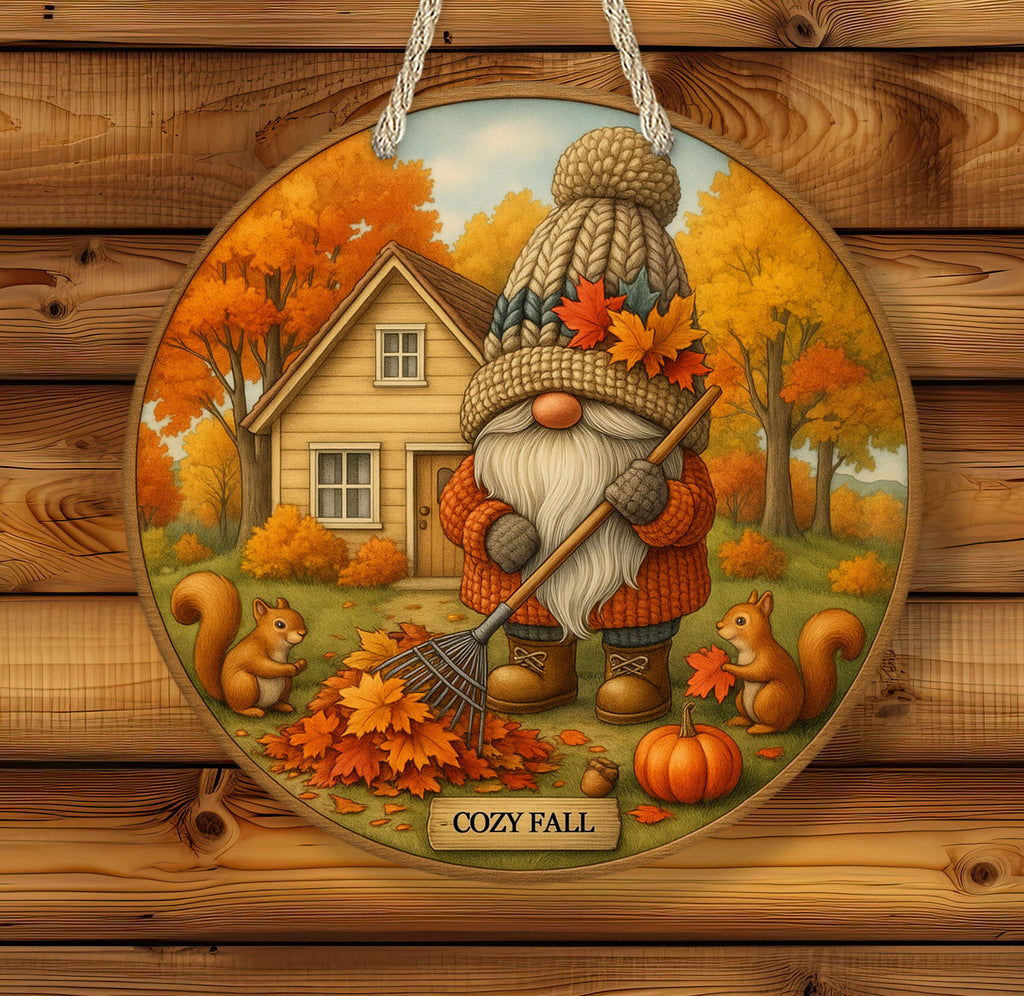 Round 14"Fall sign with cozy gnome raking leaves, two squirrels, pumpkins, and a TAN cottage, labeled Cozy Fall