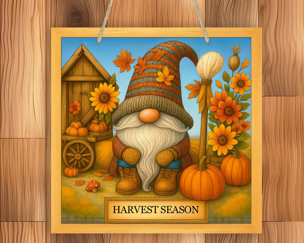 Pumpkin Spice Season gnome sign with rustic wood frame, vibrant sunflowers, pumpkins, fall leaves, and whimsical gnome in cozy autumn colors.