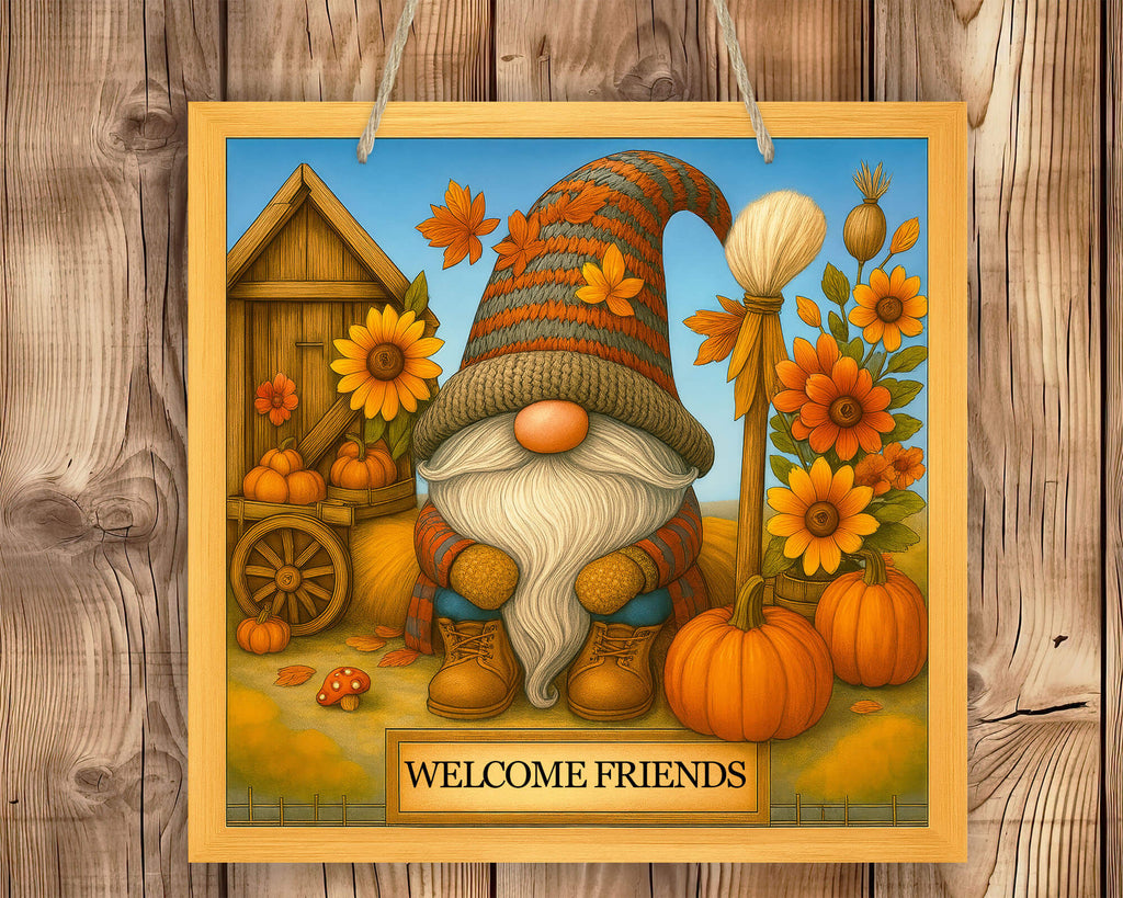 Pumpkin Spice Season gnome sign with rustic wood frame, vibrant sunflowers, pumpkins, fall leaves, and whimsical gnome in cozy autumn colors.